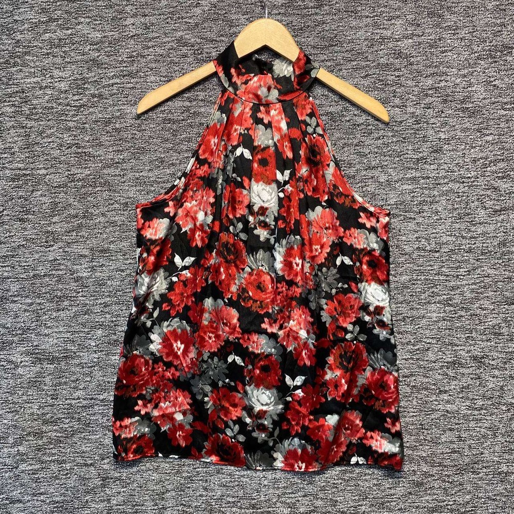 Cocomo Blouse Womens XL Red Black Rose Floral Satin High Halter Neck Top
